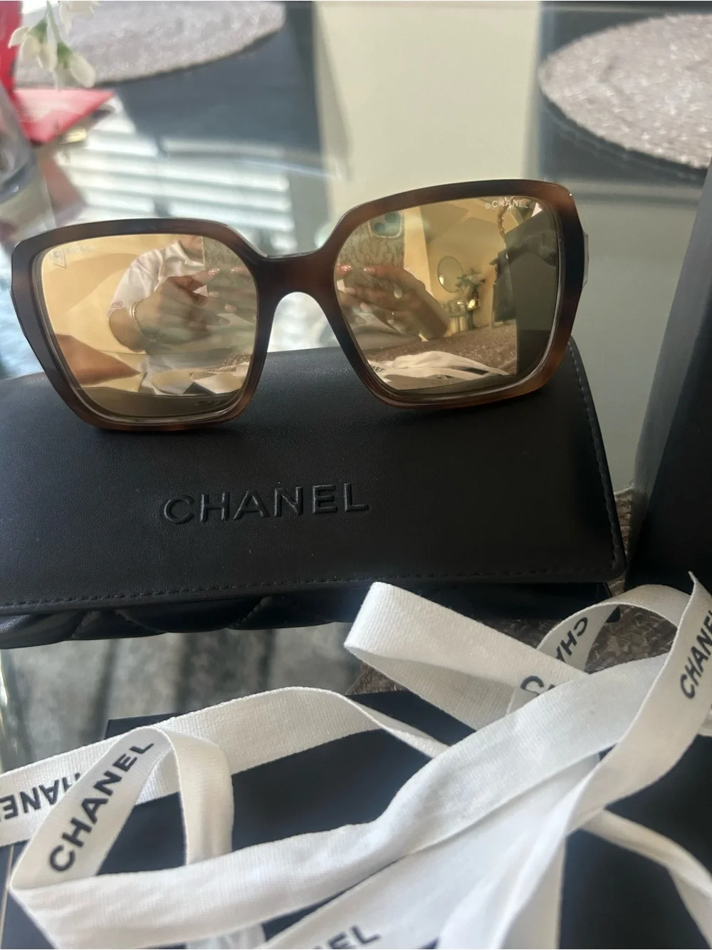CHANEL Brown and Gold Logo Sunglasses
